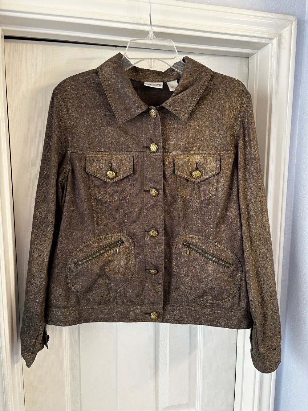 Chico’s Metallic Bronze Gold Shimmer Utility Trucker Jacket Size 2 Large